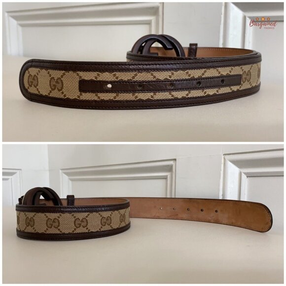 Authentic GUCCI Brown Monogram Canvas Bamboo Interlocking G Buckle Belt 80/32 - Picture 11 of 13